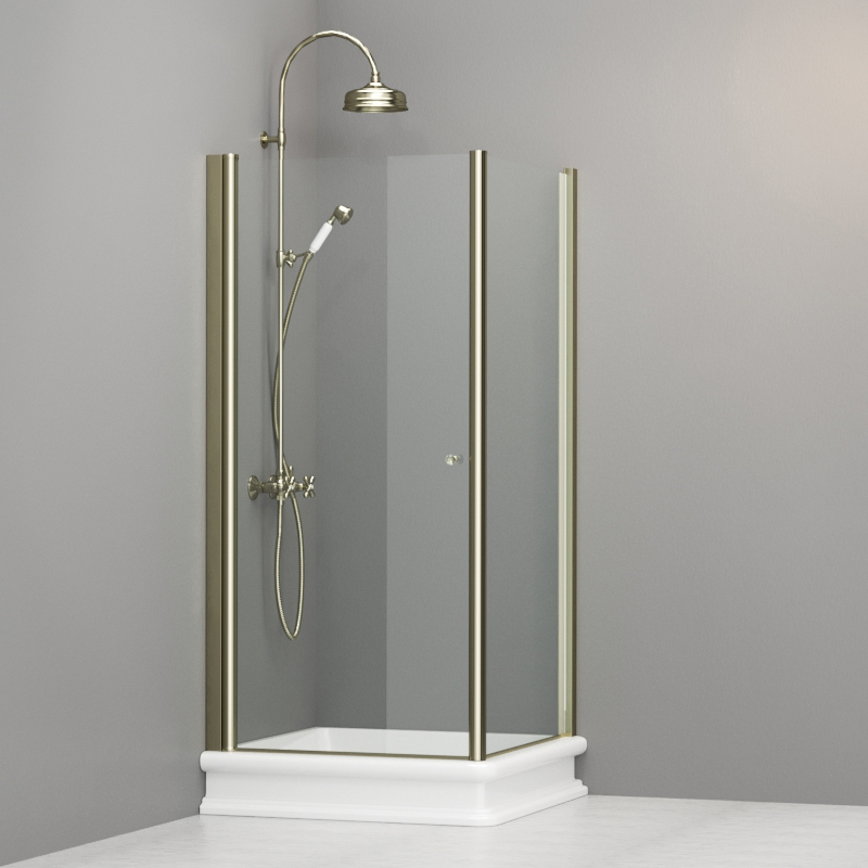 9146T1 Душевая кабина DX с распашной дверью и фиксированной боковой частью для душевого поддона квадрат 90x90, цвет Золотистый Kerasan RETRO Италия 