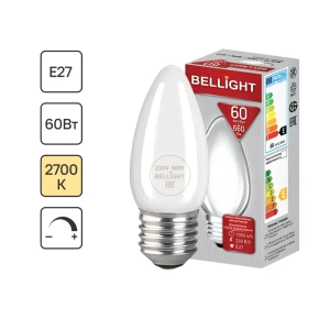 Лампа накаливания Bellight Е27 230 В 60 Вт свеча 660 лм теплый белый цвет света для диммера