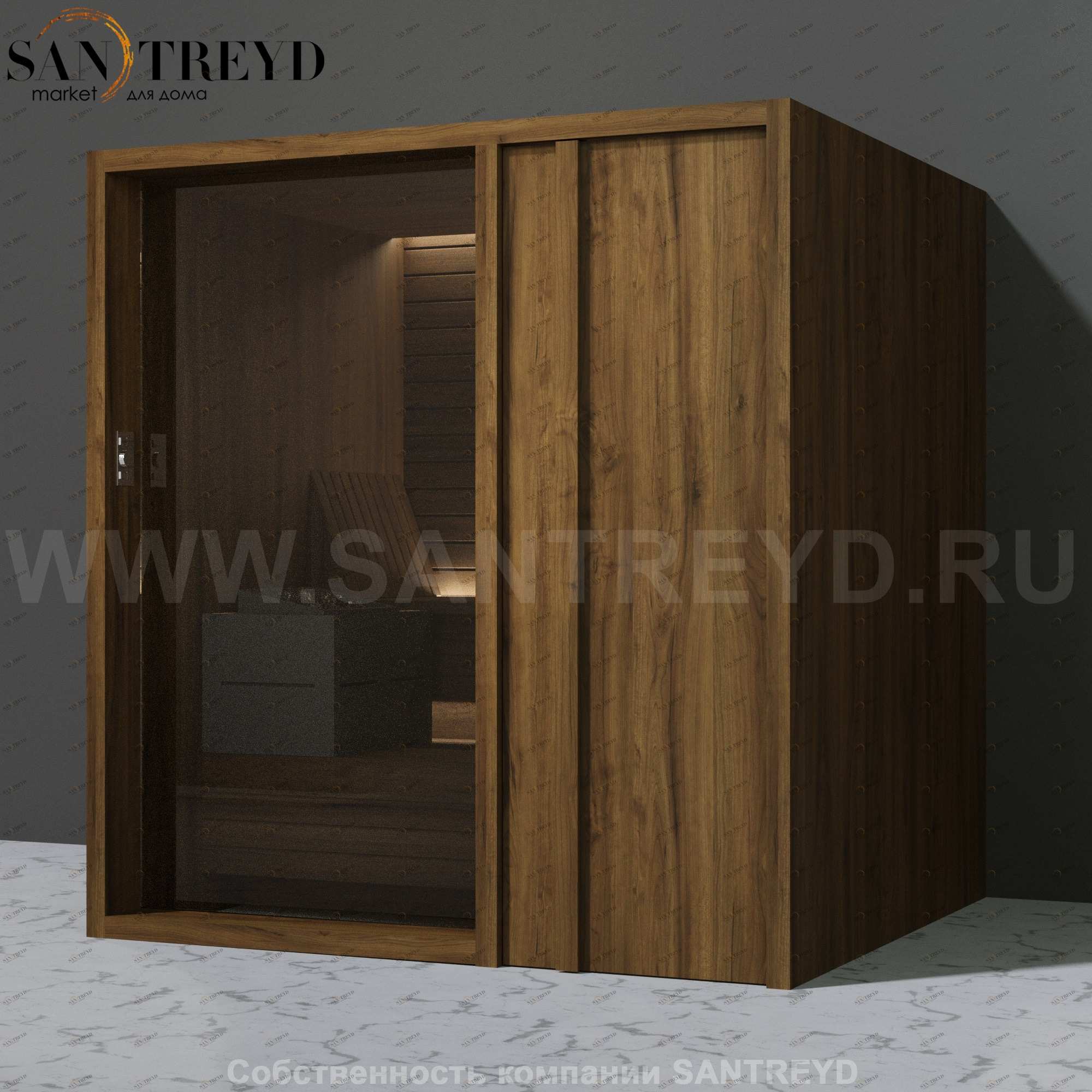 Effegibi YOKU.D80 SA.70200007 Сауна с правой дверью. Мощность: 8 кВт макс. Размеры: длина 202 см, ширина 180 см. Отделка: чёрный орех SA70200007