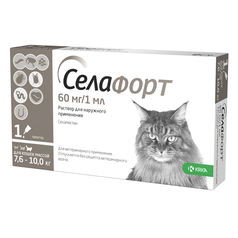 ПР0049144 Р-р для наружного применения для кошек Селафорт весом7,6-10,0 кг, 1 мл (60 мг), шт KRKA 