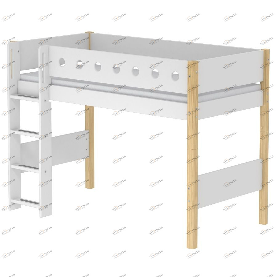 Кровать Flexa White полувысокая с лестницей, 190 см, белая лакированная 801732595