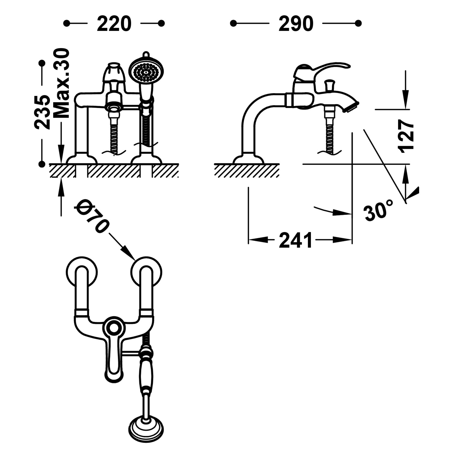 Смеситель для ванны TRES CLASIC с одной ручкой и коленными соединителями для подачи воды -24219401LV TRES  - Вид №1