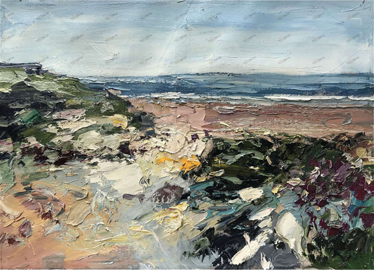 Картина на холсте 90х120 см "Растения у моря" EVENHOME КАРТИНЫ МАСЛОМ 129980 Бежевый;голубой;синий;разноцветный 