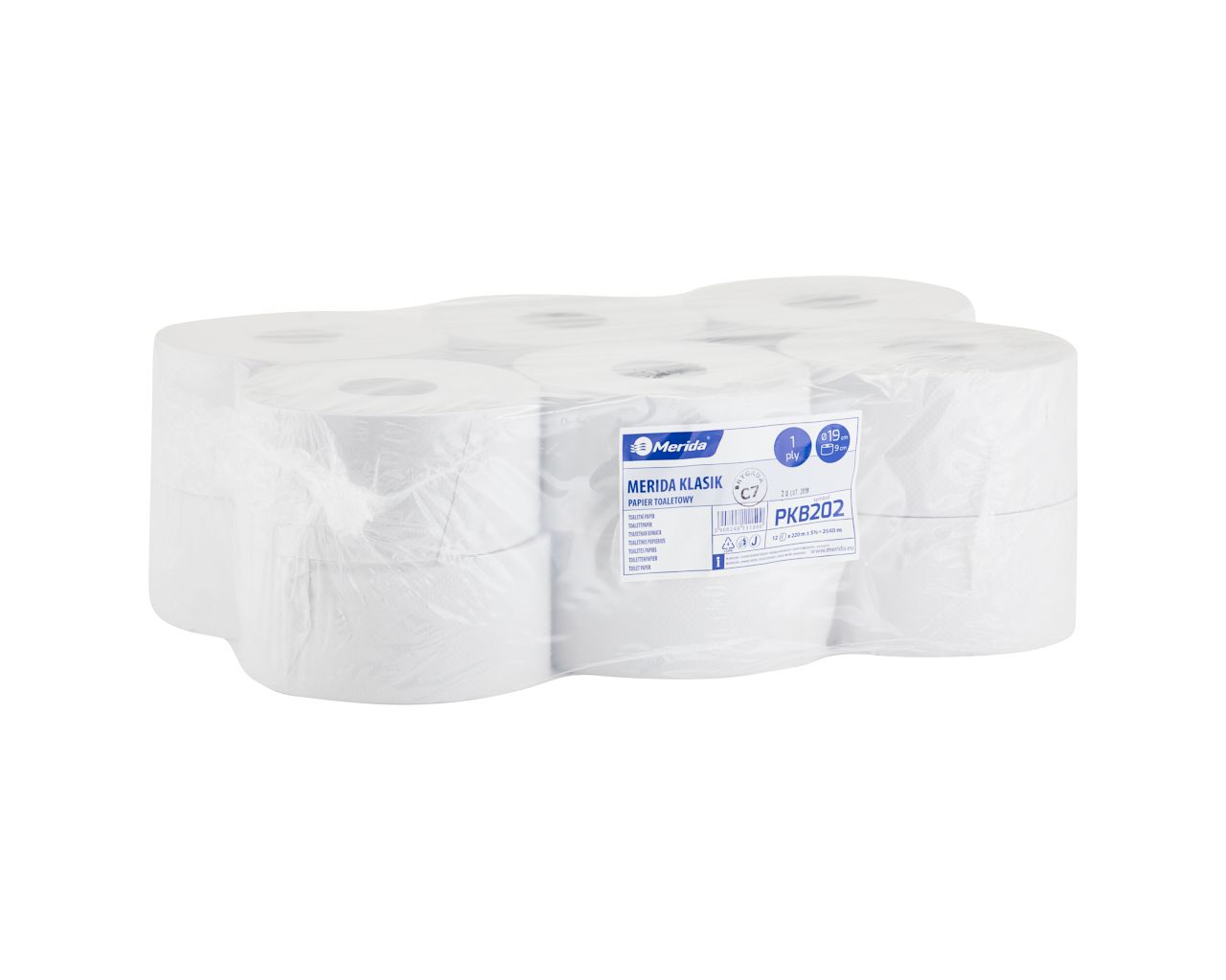 PKB202 Туалетная бумага КЛАСИК, белая, диаметр 19 см, длина 220 м, однослойная, в упаковке 12 шт. Merida 