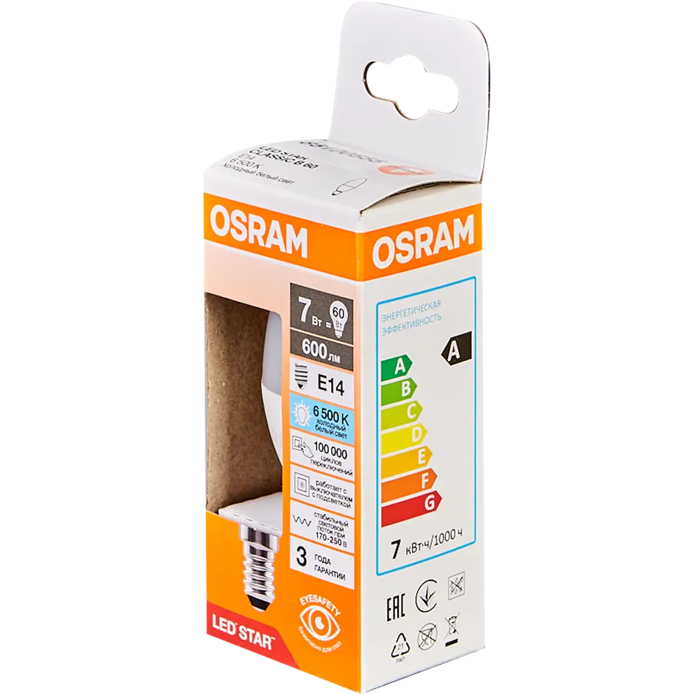 Светодиодная лампа OSRAM свеча 7Вт E14 холодный белый свет 85100555 STLM-1369213 - Вид №3