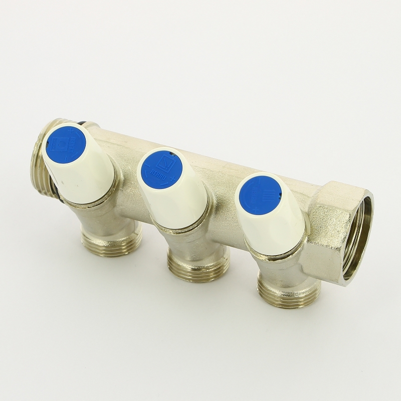 Коллектор НВ с вентилями никелированный Rautitan MX Rehau 1" x 3 вых 3/4"EK межосевое 40 мм 131645 - Вид №1