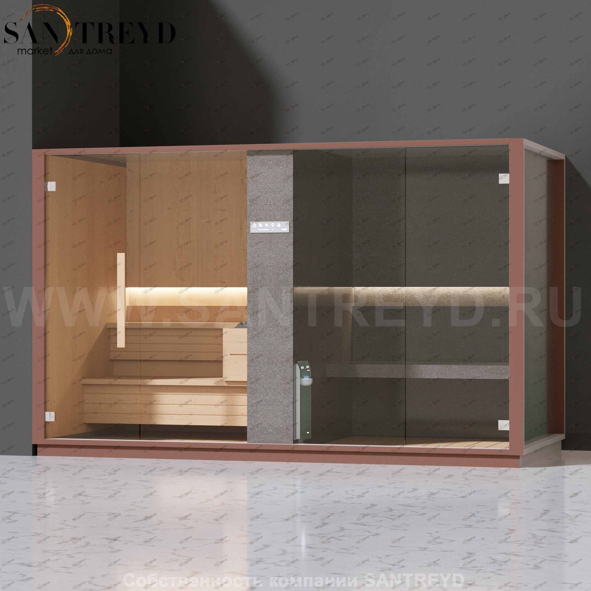 Effegibi LOGICA SH LO40030003 Комбинированная баня: хаммам и сауна. Установка: в левый угол. Мощность: 10,5 кВт макс. Размеры: длина 373 см, ширина 171 см. Отделка: канадский хемлок, матовый лакированный коричневый аллюминий и темный ламинат из керамогран