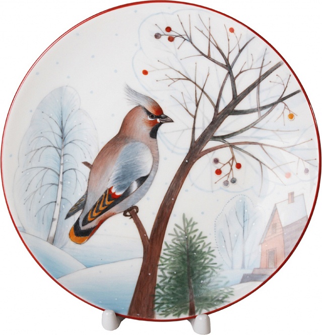 10575760 Императорский фарфоровый завод Тарелка декоративная 19,5см "Январский свиристель" "Элипс" Твёрдый фарфор 