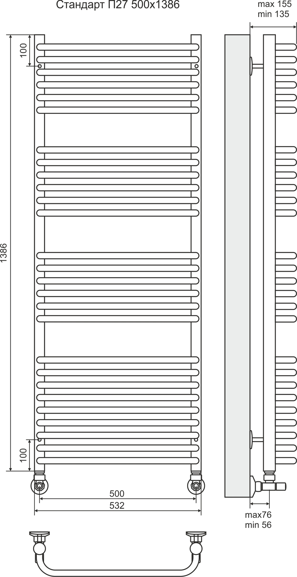 4620768886218 СТАНДАРТ Стандарт П27 500х1386 (9+6+6+6) Полотенцесушитель TERMINUS Нержавеющая сталь - Вид №2