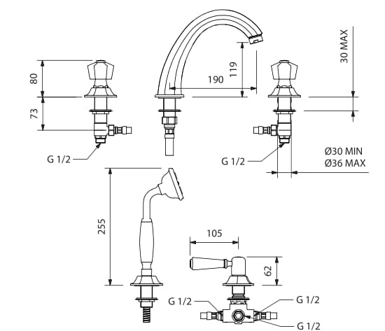 Утопленный набор для ванны с 5 отверстиями с отдельными розетками Park Avenue Белый ARCH-00114841 - Вид №2