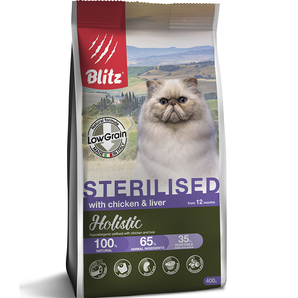 ПР0055606 Корм для кошек Holistic низкозерновой для стерилизованных, курица, печень сух. 400г Blitz 