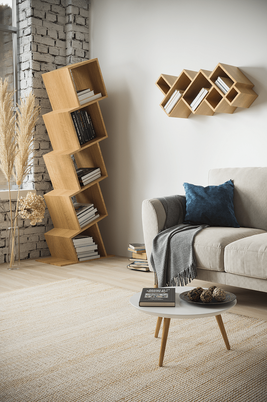 Стеллаж деревянный дизайнерский узкий дуб "Матрица на 4" от Odingeniy ODINGENIY СТЕЛЛАЖИ "МАТРИЦА" 178438 Бежевый  - Вид №4