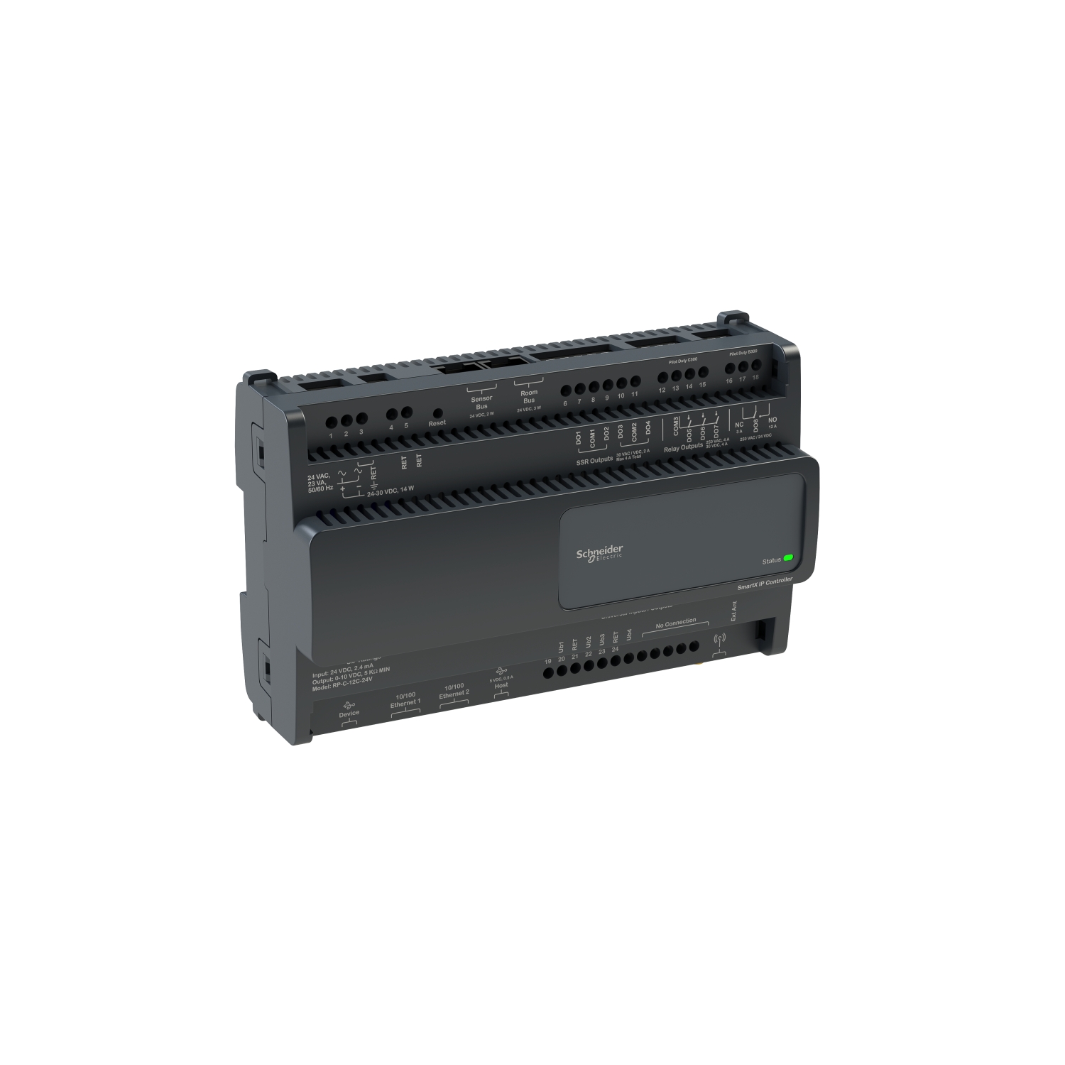 SXWRCF12C10001 Контроллер RP-C-12C-F-24V, 4 универсальных точек типа b, 8 реле, 2×Ethernet, BACnet/IP, RoomBus, SensorBus, BLE 24В Schneider Electric EcoStruxure Building Operation 