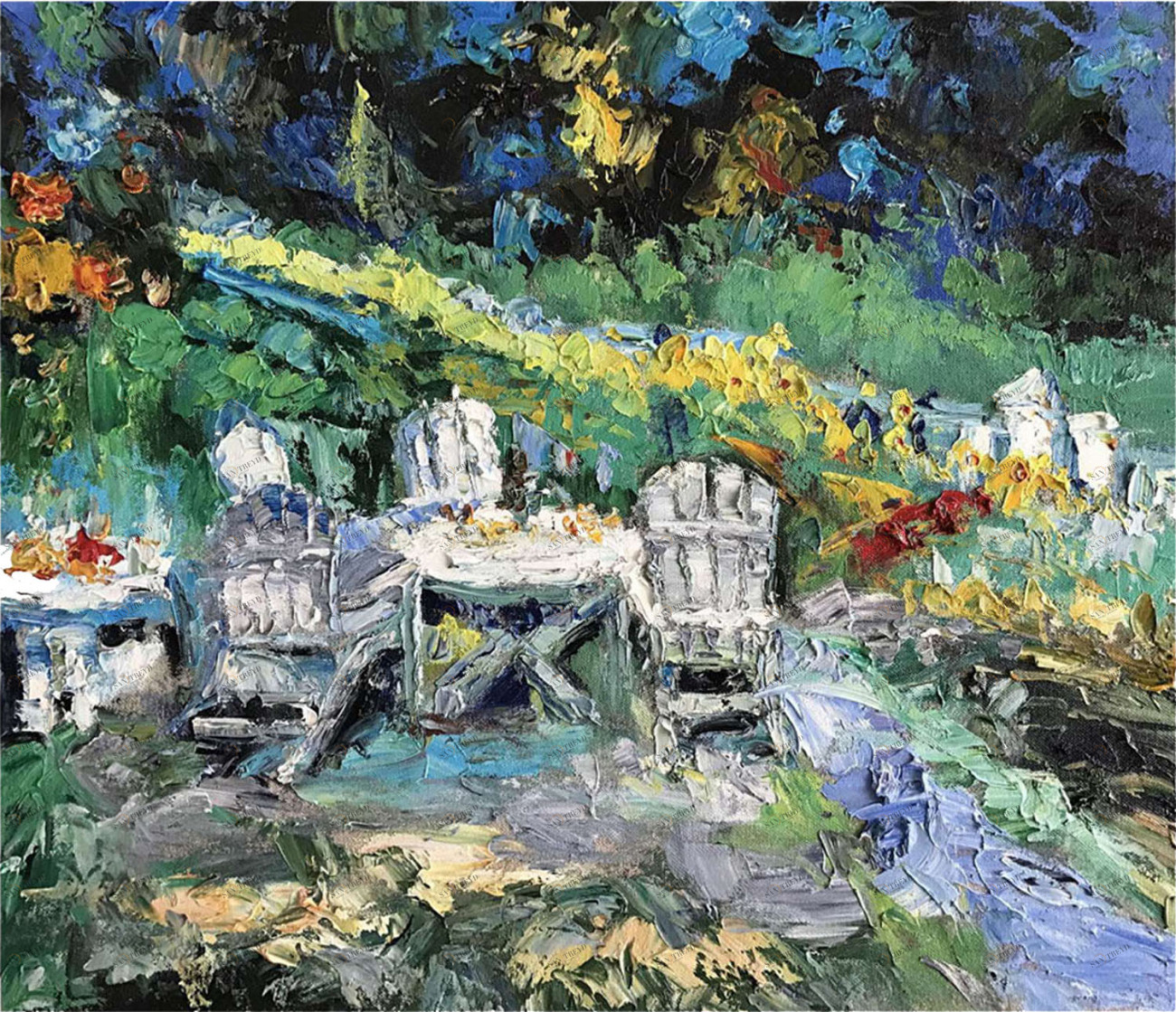 Картина на холсте 100х100 см "Отдых на природе" EVENHOME КАРТИНЫ МАСЛОМ 129905 Голубой;зеленый;разноцветный 