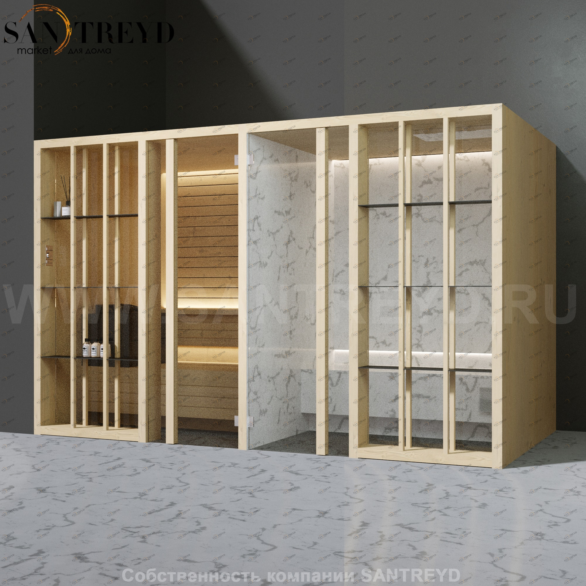 Effegibi YOKU.S SH YO.10110003 Комбинированная баня: хаммам и сауна. Установка: в левый угол. Мощность: 10,5 кВт макс. Размеры: длина 342 см, ширина 170 см. Отделка: осина термообработанная и светлый керамогранит YO10110003