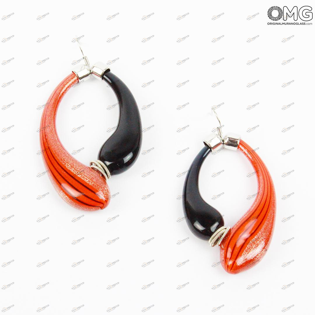 803 ORIGINALMURANOGLASS Серьги Дениз черные-оранжевые-золотые - муранское стекло OMG 5 см 