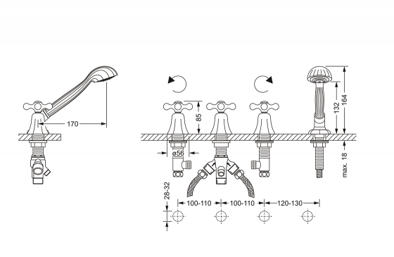 Смеситель для ванны на 4 отверстия ½“, монтаж на борт ванны JOERGER Ramses 611.40.150.000 - Вид №1