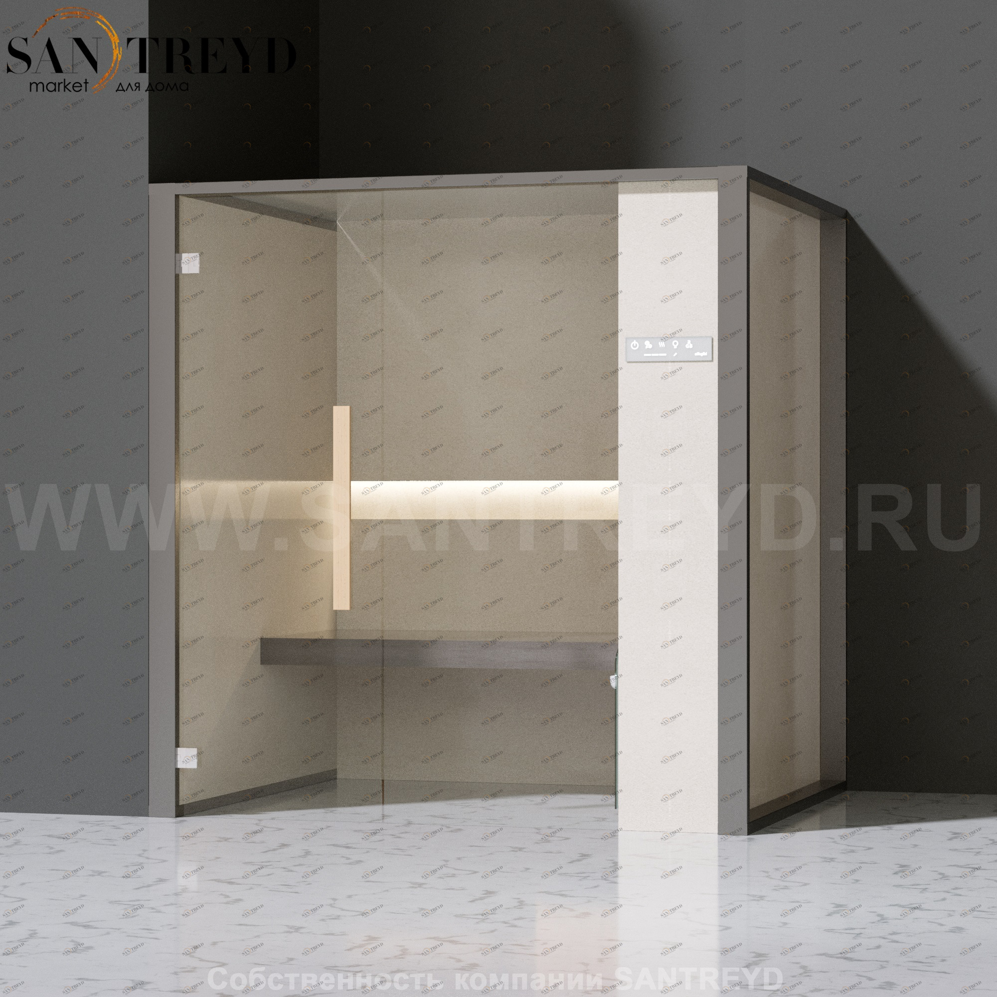 Effegibi ONEFILO H LO61010005 Хаммам. Установка: в левый угол. Правая дверь. Мощность: 4,5 кВт макс. Размеры: длина 214 см, ширина 171 см. Отделка: матовый лакированный серый аллюминий и бежевый ламинат из керамогранита.