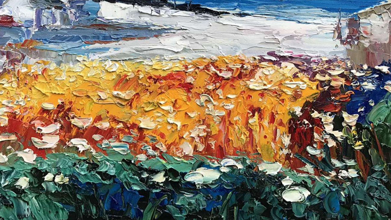 Картина на холсте 100х100 см "Деревня на берегу" EVENHOME КАРТИНЫ МАСЛОМ 129918 Коричневый;синий;разноцветный  - Вид №1