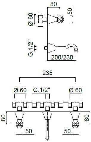 Rubinetteria Giulini Смеситель для умывальника настенный на 3 отверстия Odessa crystal F3923/s - Вид №1