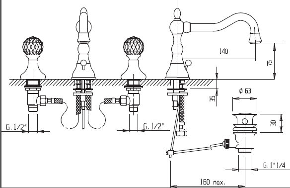 Смеситель для раковины на три отверстия, высокий CEZARES ATLANTIS-BLS2-A-02-Sw/M - Вид №1