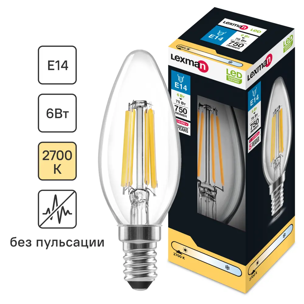 LEXMAN LED-лампа E14 свеча прозрачная, теплый белый свет 82991652 STLM-0923971