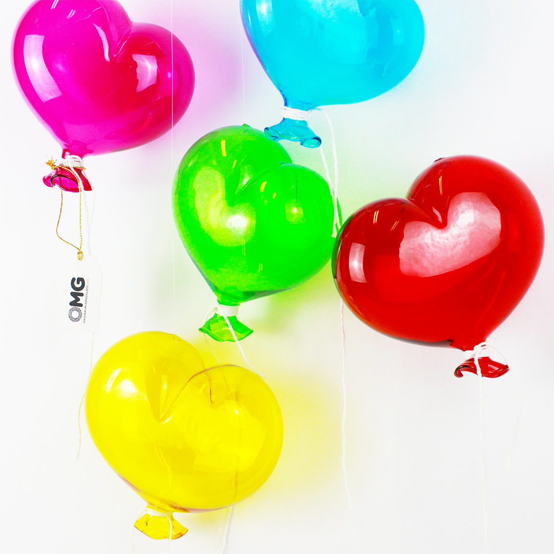 1344 ORIGINALMURANOGLASS 5 декоративных воздушных шаров в форме сердца - palloncini a cuore - муранское стекло 15 см  - Вид №1