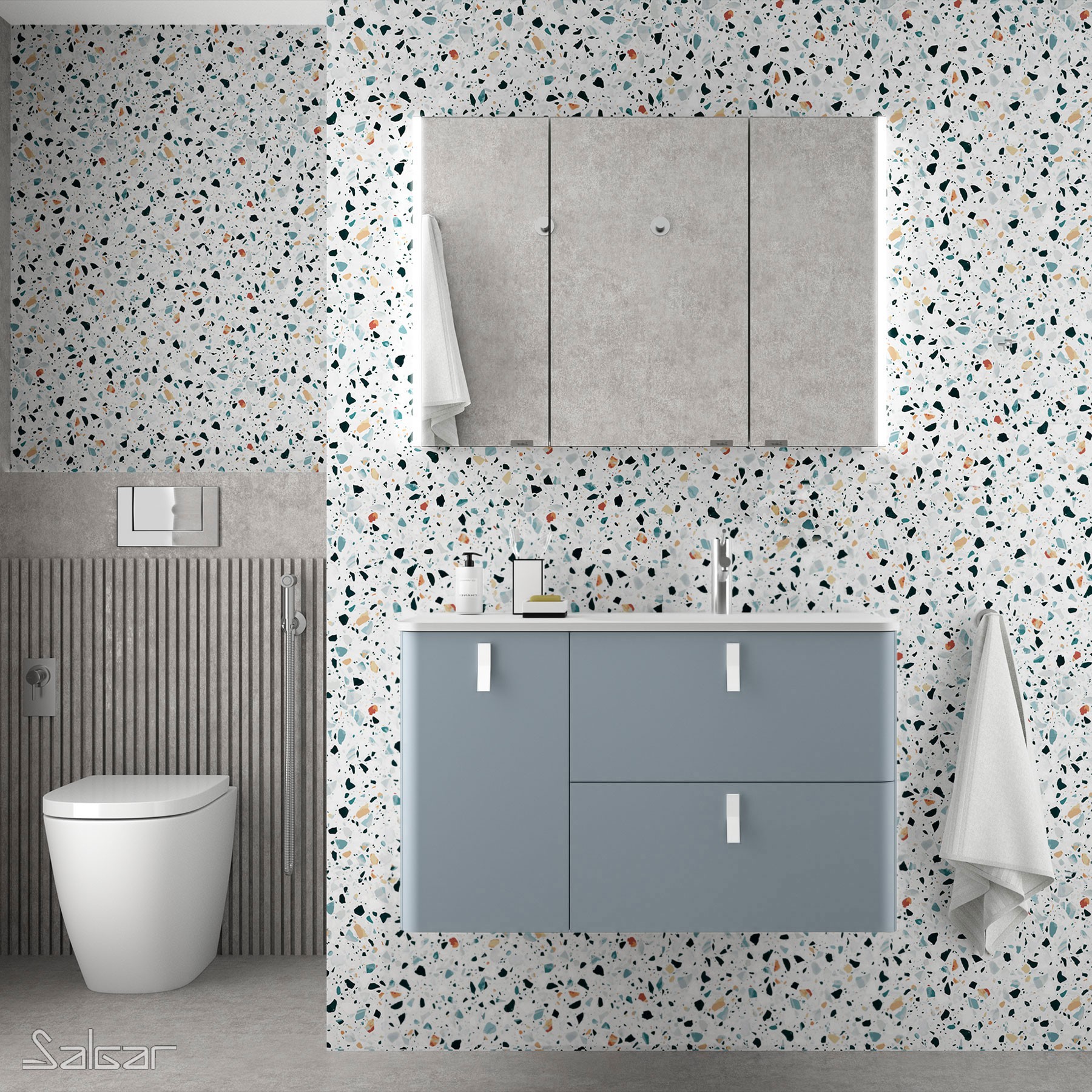 83103 SALGAR Мебель для умывальника UNIIQ 1200 BLUE FOG левая 1 дверца и 2 ящика с системой мягкого закрывания 1194 x 540 x 450 мм Синий туман  - Вид №1