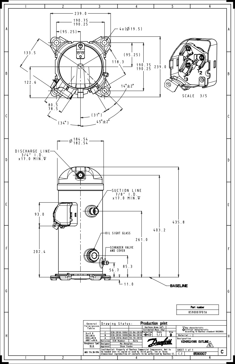 Danfoss VZH — герметичные спиральные компрессоры с частотным регулированием производительности VZH044CGBNB Компрессор спиральный 120G0245  - Вид №15