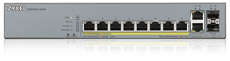GS1350-12HP-EU0101F gs1350-12hp l2 poe + switch for ip cameras, 10xge (8xpoe +), 2xsfp, poe budget 130 w, power transmission distance up to 250 m, auto-reloading of poe ports, increased overvoltage and electrostatic discharge protection ZyXEL Santreyd 