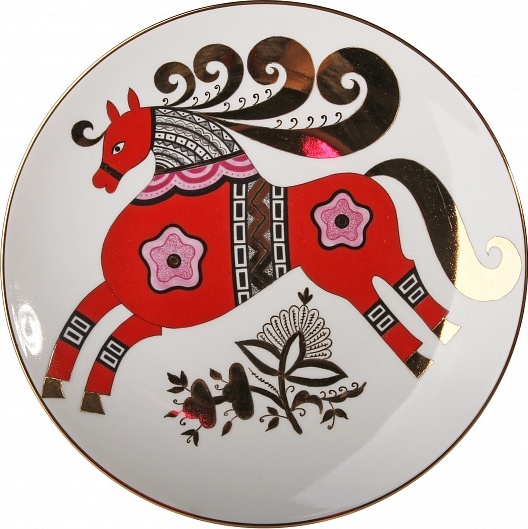 1045894 Императорский фарфоровый завод Тарелка декоративная 19,5см "Красный конь" "Эллипс" Фарфор твердый 