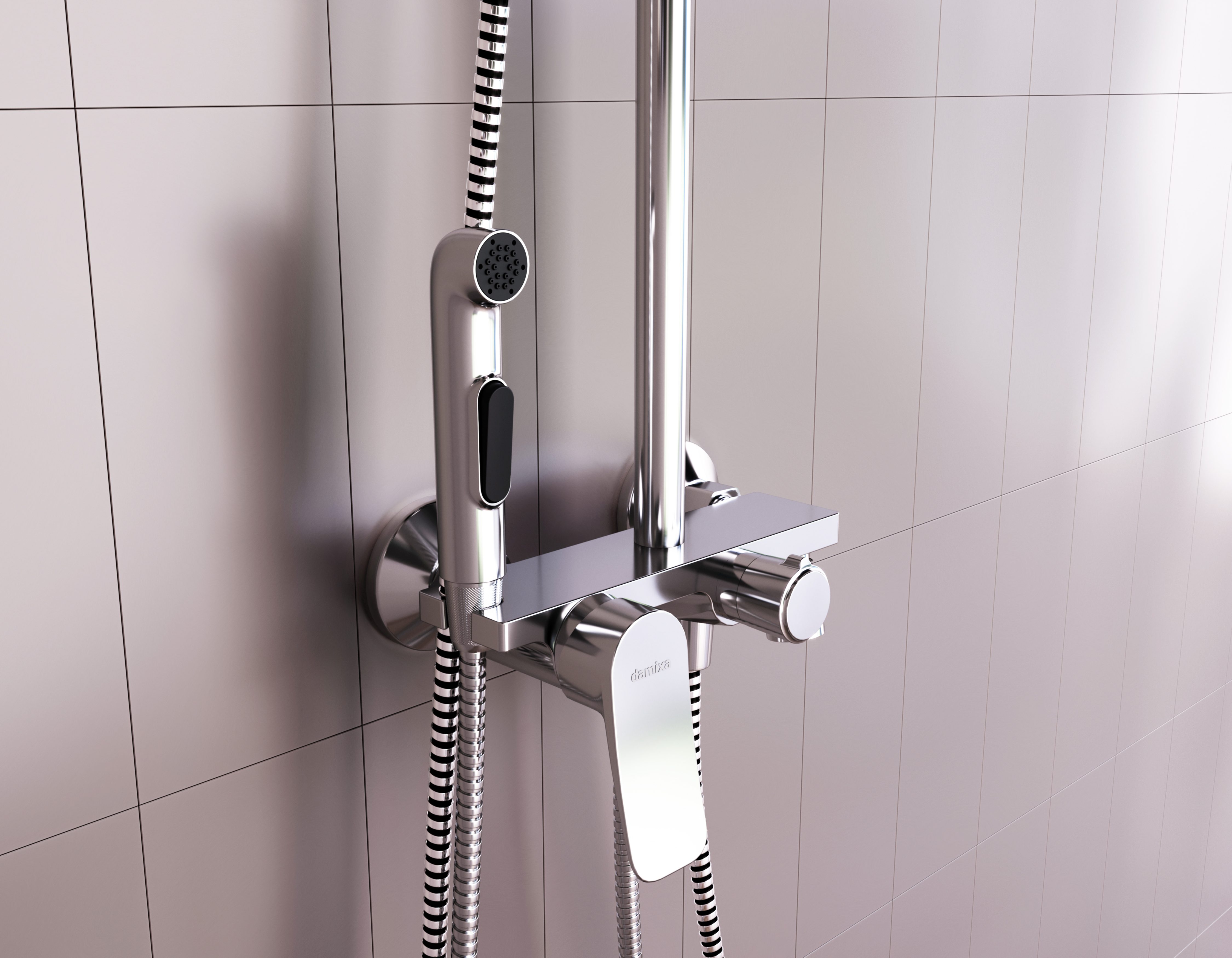 DX220910000 душевая система со смесителем-полкой: верхний душ 230мм ручной душ 120мм 1 реж Damixa Apollo - Вид №3