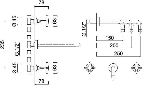 Rubinetteria Giulini Смеситель для умывальника настенный на 3 отверстия G5 F7923 - Вид №1