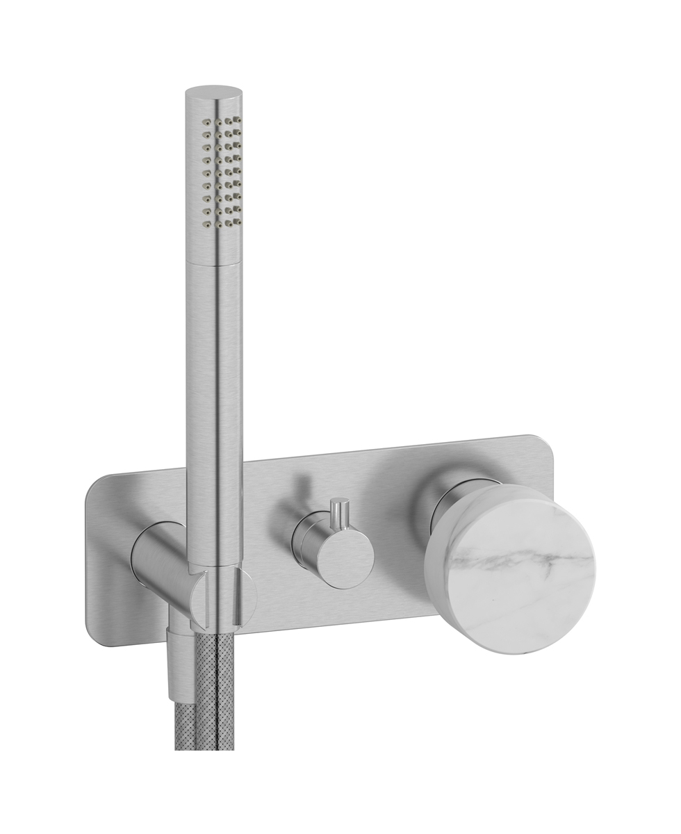 Внешние части встроенного в стену смесителя на 3 потребителя в комплекте с душевым гарнитуром. WE ARE IB mr314ss_1 Brushed Nickel Marmo