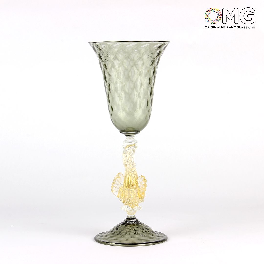 1929 ORIGINALMURANOGLASS Венецианский бокал серый с Золотой рыбкой - муранское стекло 9 см  - Вид №1