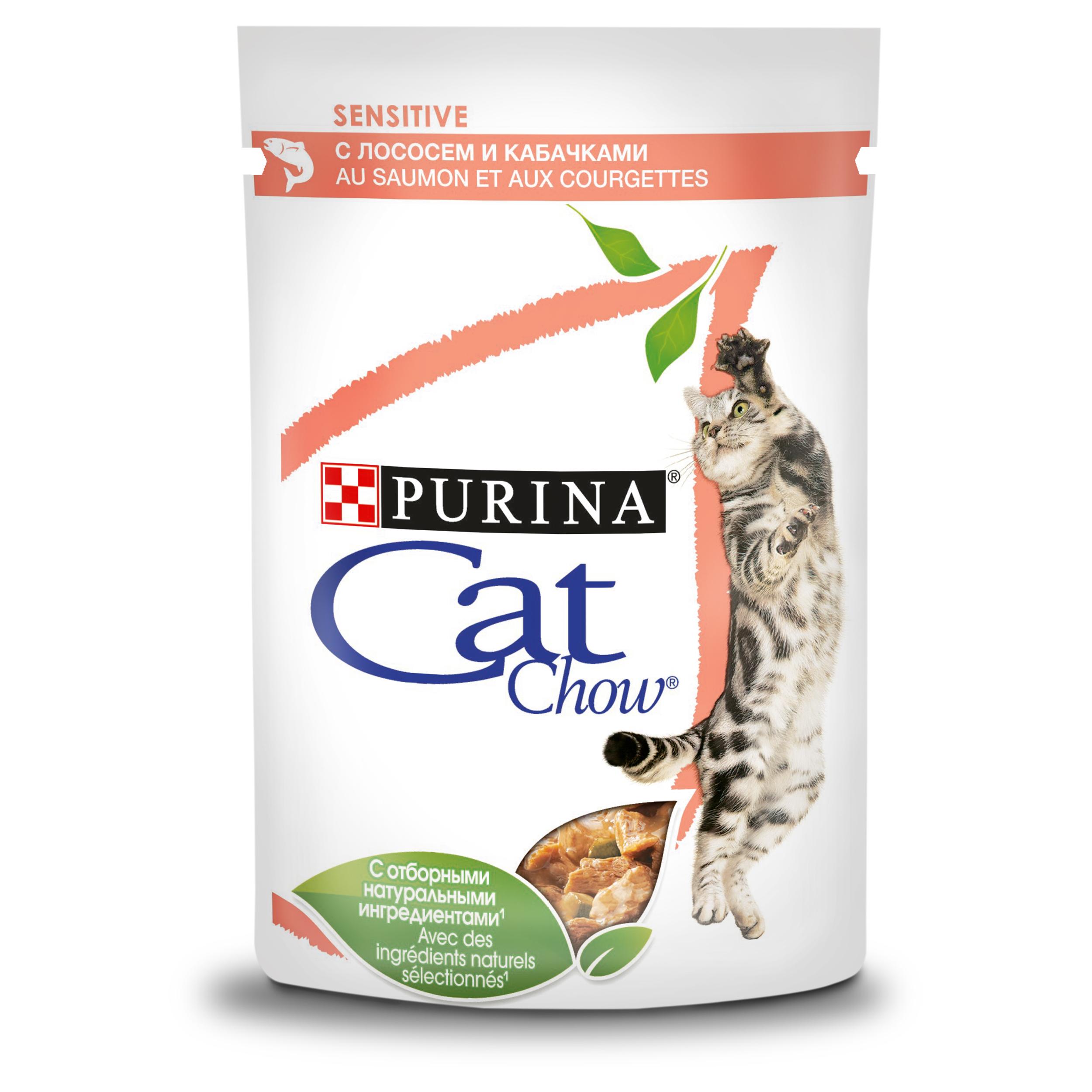 ПР0049781 Корм для кошек с чувствительным пищеварением, лосось с кабачками в соусе, пауч 85 г Cat Chow  - Вид №1