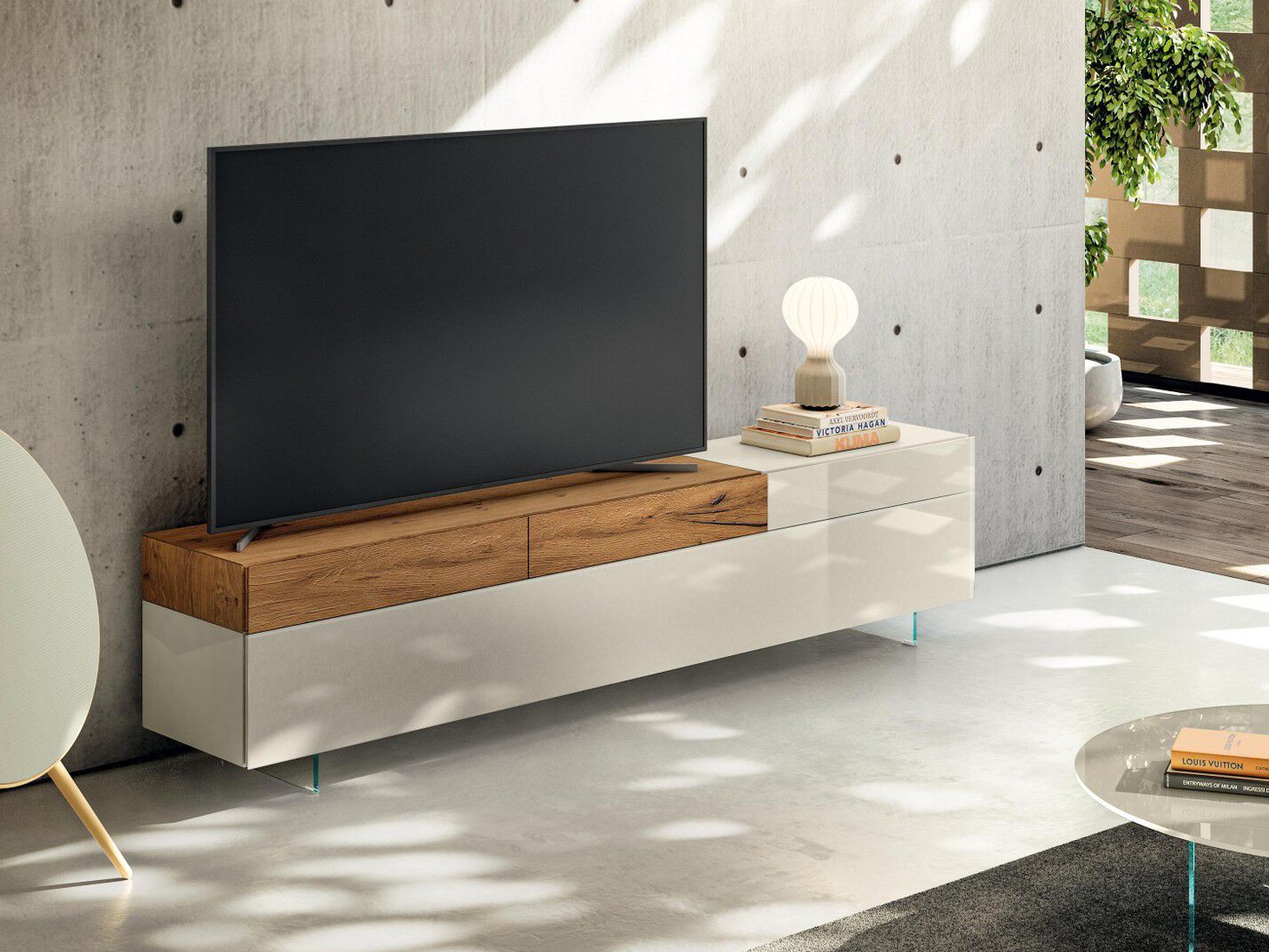 Деревянный и стеклянный шкаф для телевизора с ящиками Lago 36e8 ARCH-00114910 - Вид №1