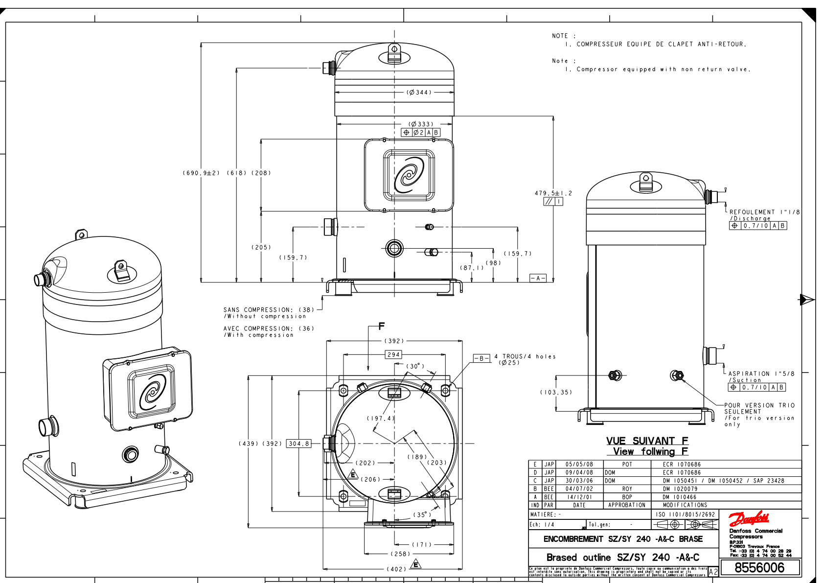 Danfoss SY — Герметичные спиральные компрессоры, R22, R134a, R407C SY240A4PBM Компрессор спиральный SY240A4PBM  - Вид №12