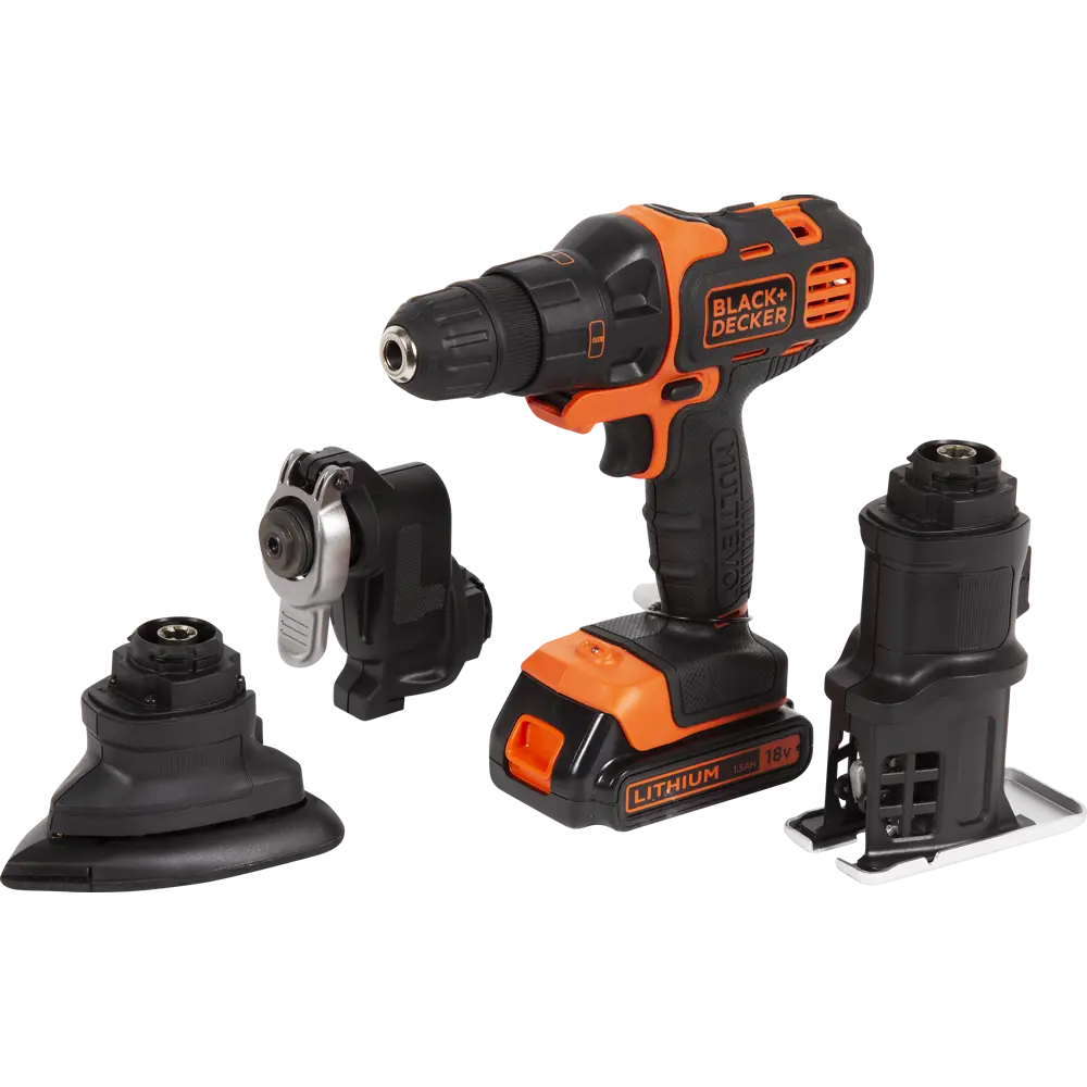 Дрель-шуруповерт аккумуляторная Black&Decker Multievo, 18 В Li-ion 2х1.5 Ач, набор универсальных насадок BLACK + DECKER STLM-2070097