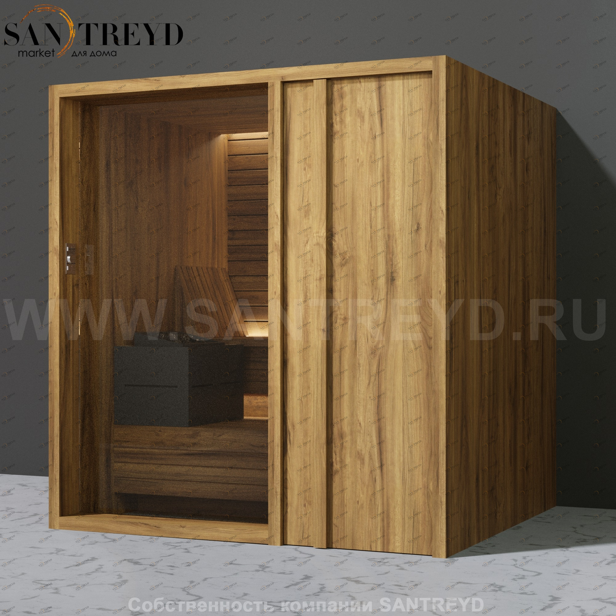 Effegibi YOKU.D80 SA.70200011 Сауна с правой дверью. Мощность: 8 кВт макс. Размеры: длина 202 см, ширина 180 см. Отделка: термообработанное дерево SA70200011