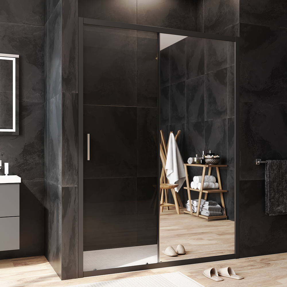 W90G-140-1-195BMir Solo Дверь душевая 140х195 стекло зеркальное профиль черный матовый AM.PM Gem