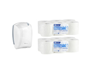 PROMO116 Контейнер для полотенец CENTER PULL белый за 50 злотых нетто при покупке 2 упаковок полотенец в рулоне TOP MINI RTB704 (12 x 130 м = 1560 м) Merida