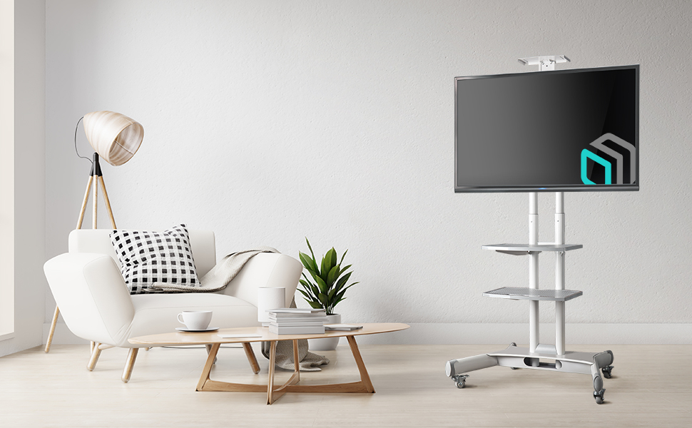 TS1552 WHITE Мобильная стойка на 1 тв/ 32-65" от 200х200 до 400х600 наклон 0º поворот 0º макс нагр 45,5кг высота 1200-1500мм, кабель-канал, 2 полки, регулировка полок по высоте, колесики с блокировкой, белая ONKRON Santreyd  - Вид №8