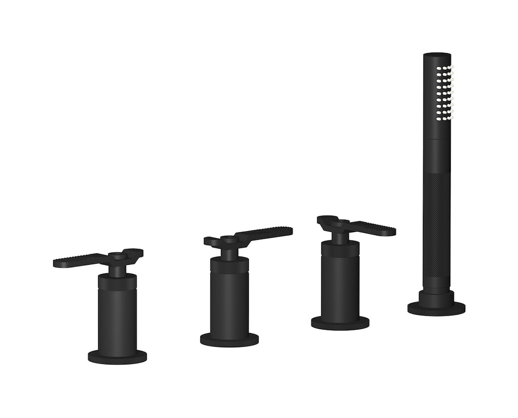 Смеситель на бортик ванной на 4 отверстия с изливом, дивертером и душевым гарнитуром. WE ARE IB b2397np Matt Black Bold