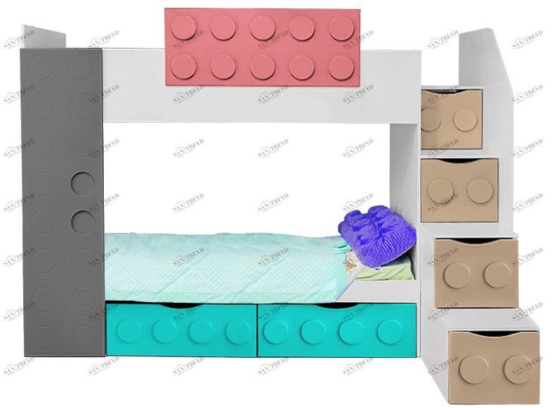 Кровать подростковая двухъярусная с 2 ящиками правая "Леголенд" МАНДАРИН ЛЕГОЛЕНД 178716 Разноцветный;белый;серый Santreyd 