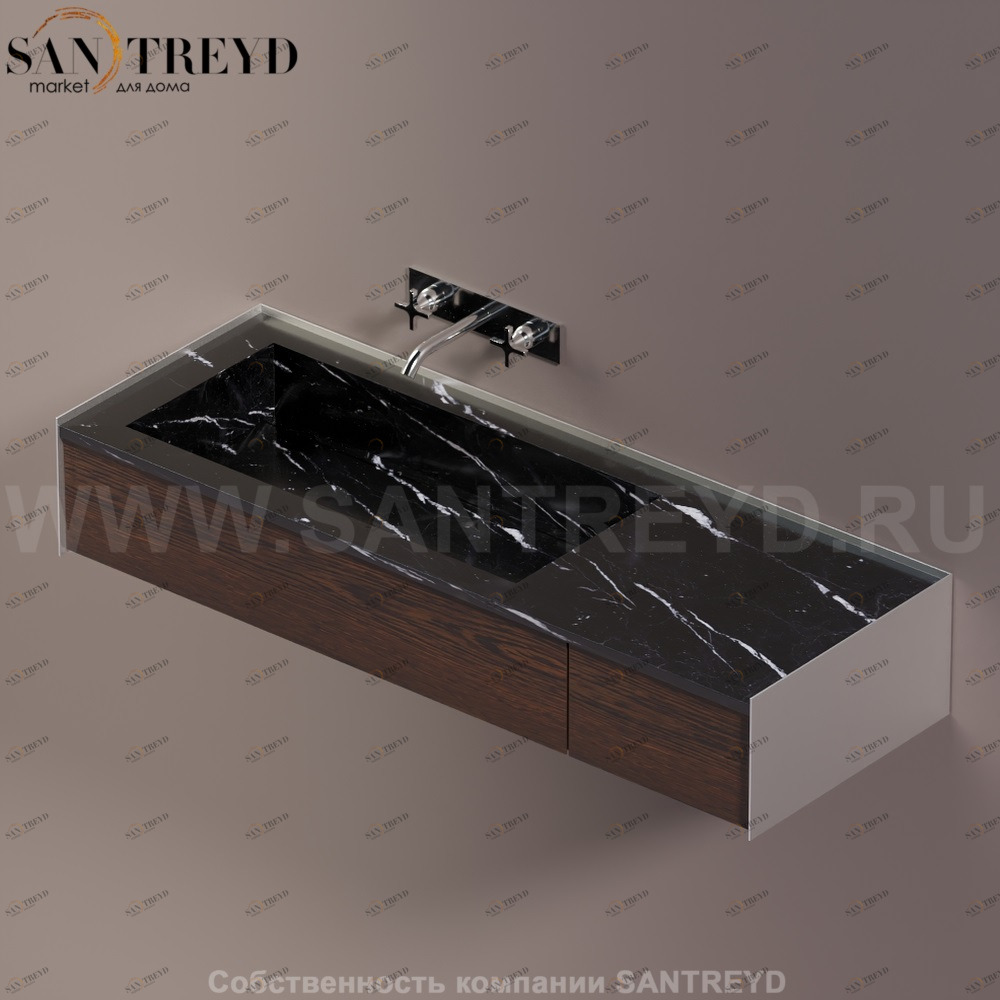 Agape DR Раковина столешница 140 см, с 2-мя выдвижными ящиками. Отделка: хромированный сатин, черный мрамор и коричневый дуб ADRP14SSPNMRU