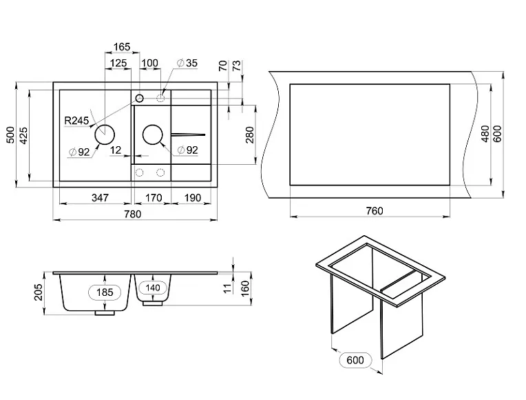 7802, ПИРИТ, кухонная мойка, кварц GRANULA 7802-ST236 - Вид №3