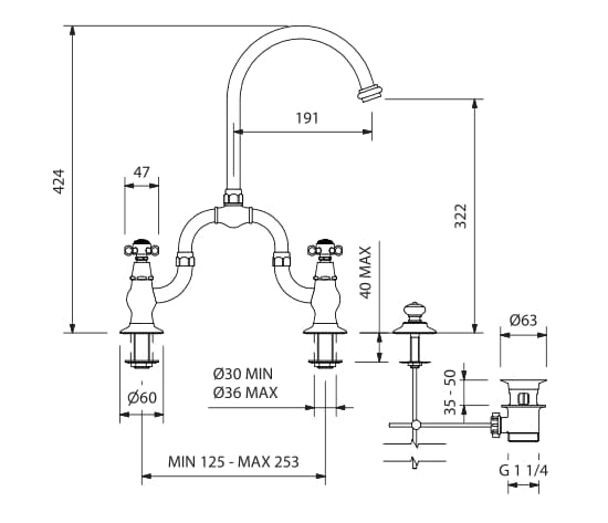 Смеситель для раковины с 3 отверстиями с раздельными розетками Park Avenue Hopkins ARCH-00144778 - Вид №2