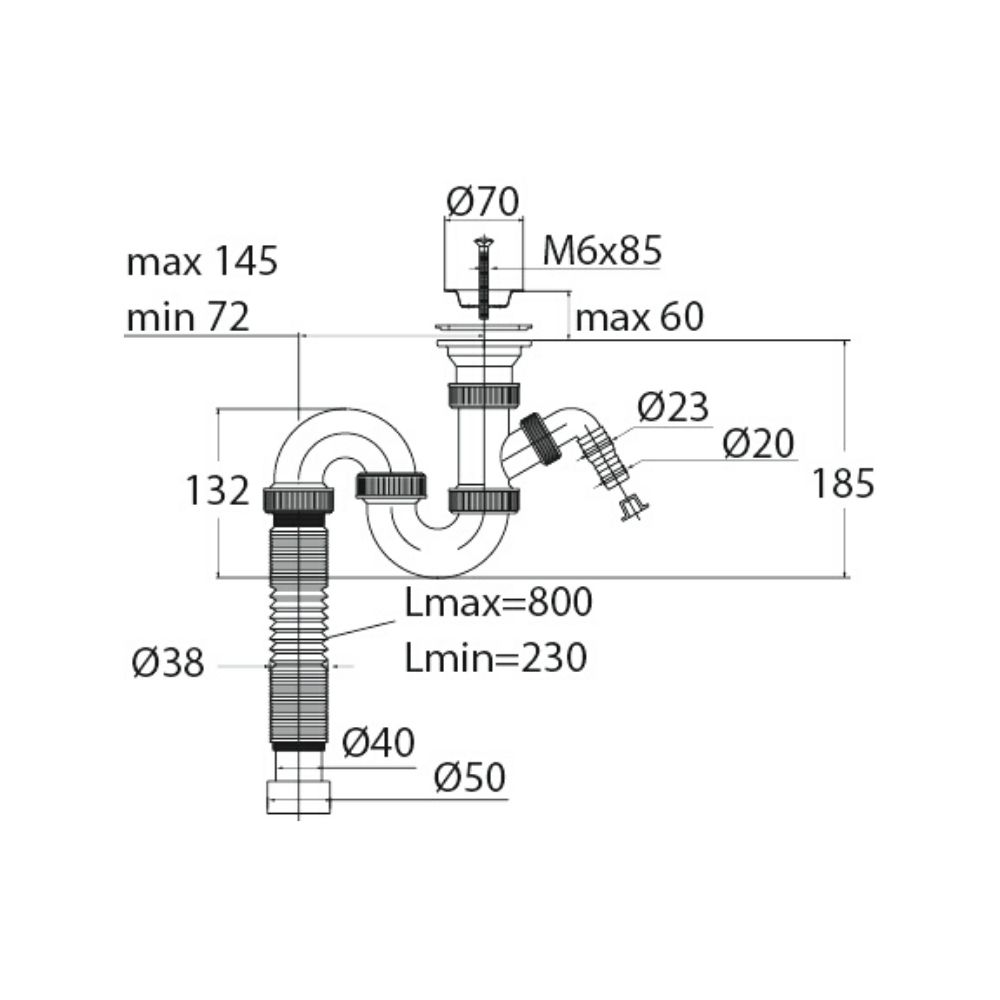 Сифон "Трубный"(30980698) S-обр.прямот.с нер.ч.70мм,отв.для СМ перел.и гофротрубой L.800mm?"- ?40/50 30980698 Santreyd  - Вид №1