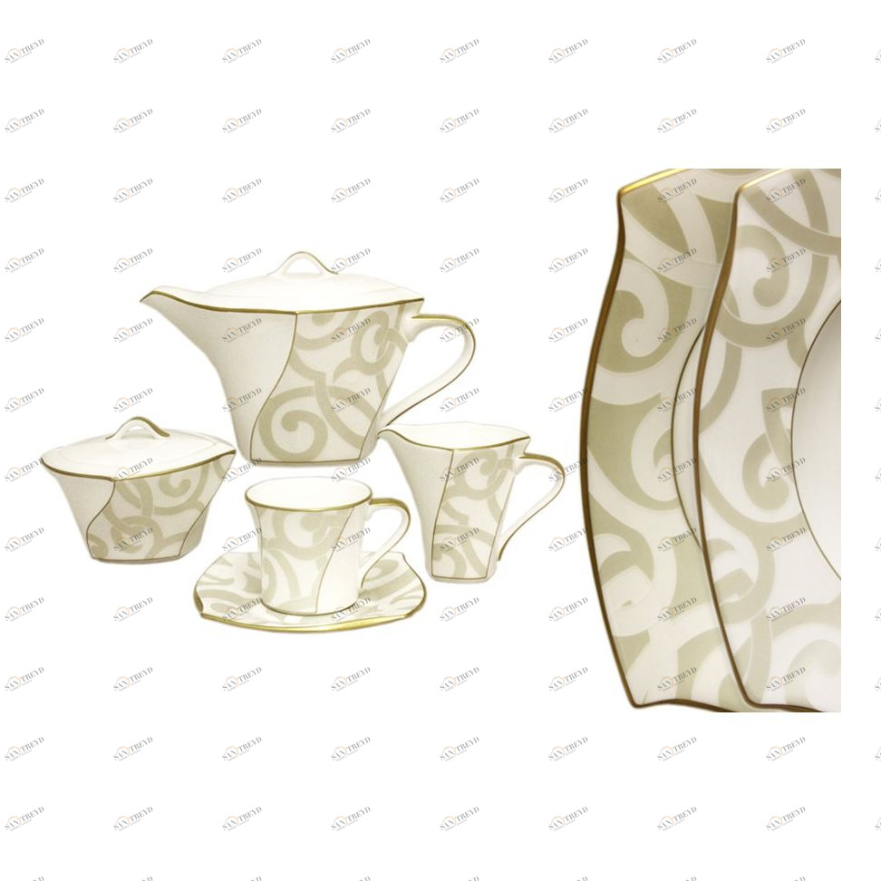 Сервиз чайный фарфоровый белый с бежевым из 17 предметов, на 6 персон "Грегори" NARUMI ГРЕГОРИ 00-3946902 Бежевый;белый 